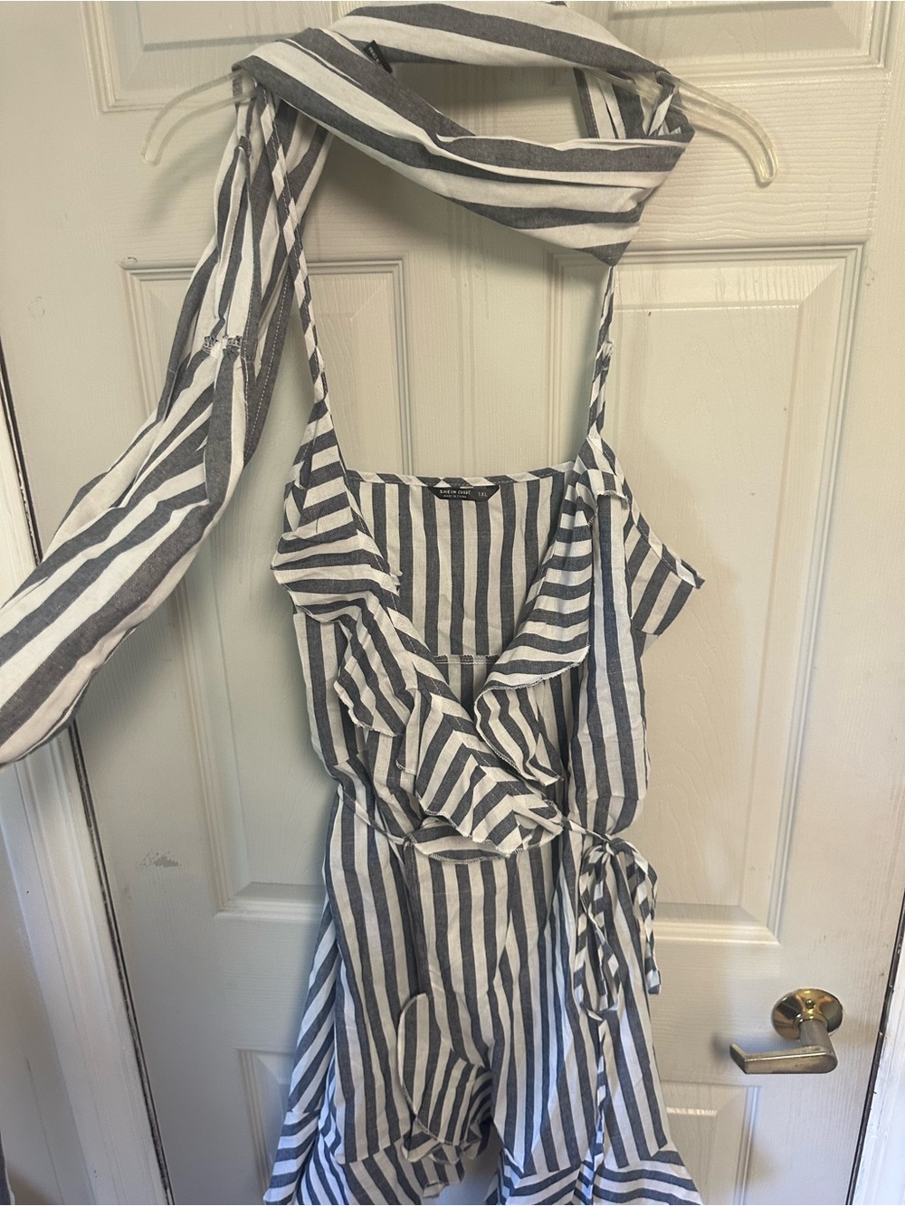 Striped Wrap Romper in Gray and White 1XL